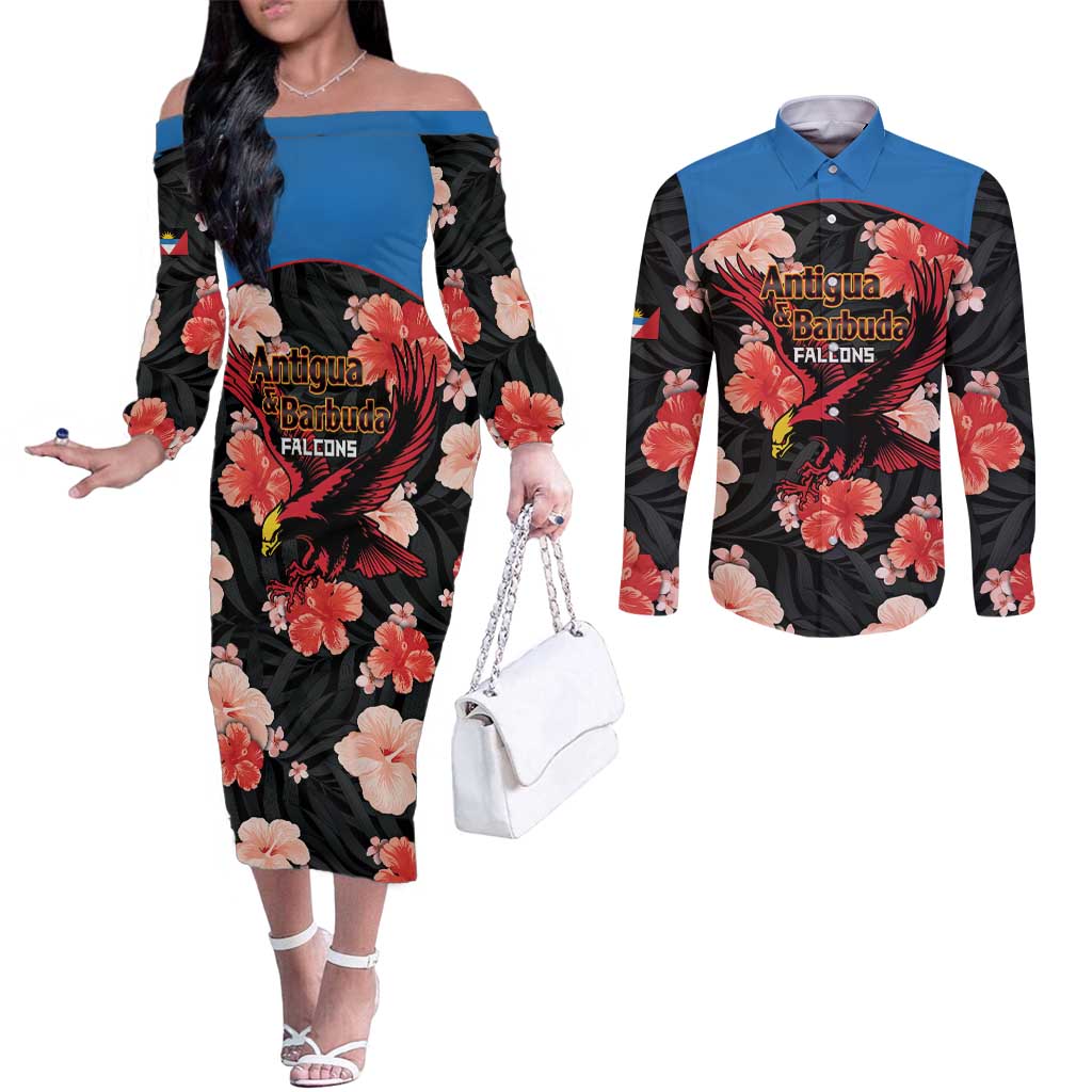 Custom Antigua and Barbuda Cricket Couples Matching Off The Shoulder Long Sleeve Dress and Long Sleeve Button Shirt 2025 Go Falcons Tropical Style - Wonder Print Shop