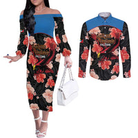 Custom Antigua and Barbuda Cricket Couples Matching Off The Shoulder Long Sleeve Dress and Long Sleeve Button Shirt 2025 Go Falcons Tropical Style - Wonder Print Shop