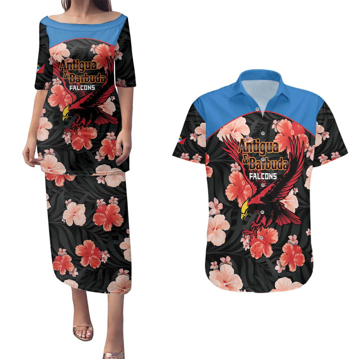 Custom Antigua and Barbuda Cricket Couples Matching Puletasi and Hawaiian Shirt 2025 Go Falcons Tropical Style - Wonder Print Shop