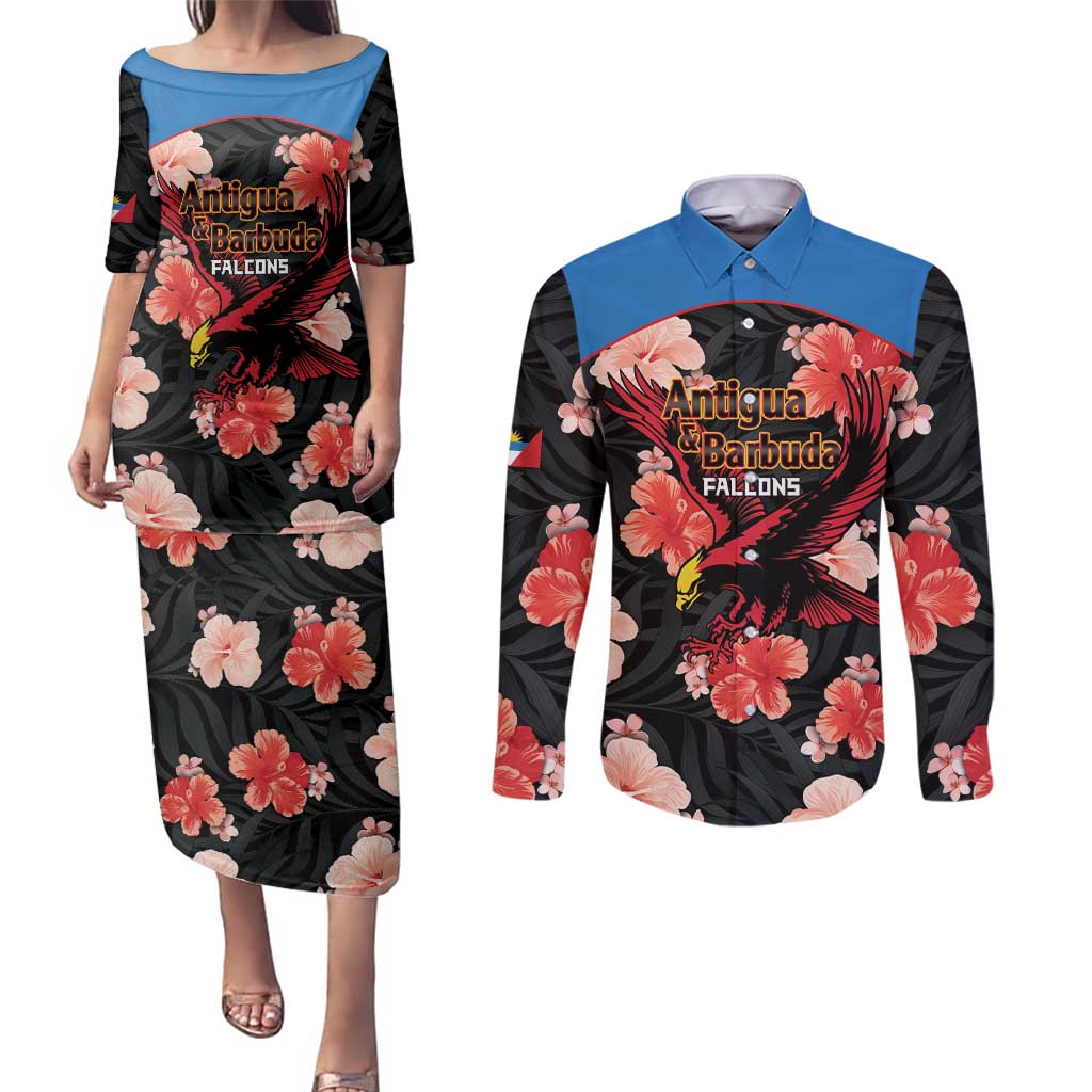Custom Antigua and Barbuda Cricket Couples Matching Puletasi and Long Sleeve Button Shirt 2025 Go Falcons Tropical Style - Wonder Print Shop