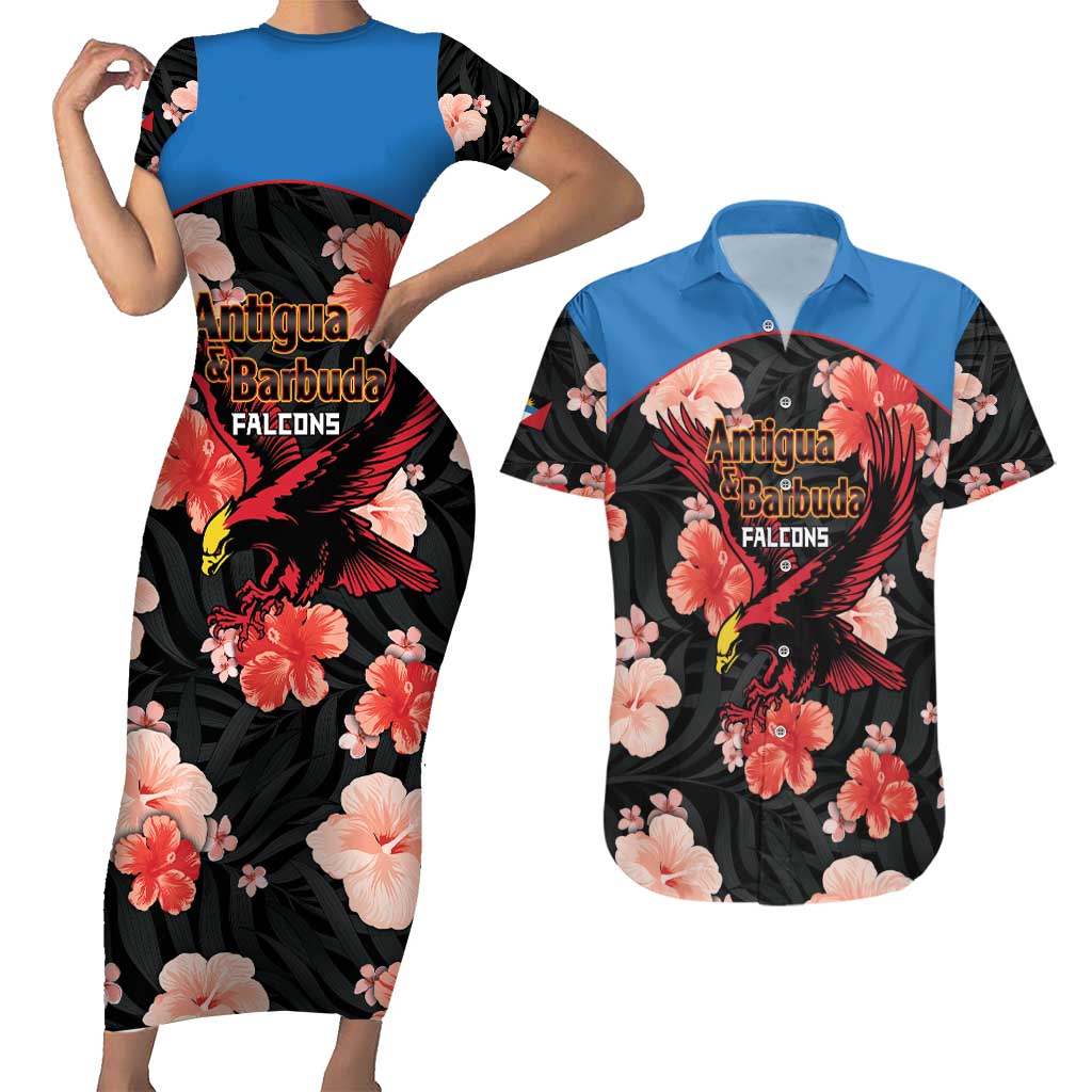 Custom Antigua and Barbuda Cricket Couples Matching Short Sleeve Bodycon Dress and Hawaiian Shirt 2025 Go Falcons Tropical Style - Wonder Print Shop