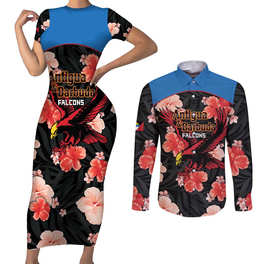 Custom Antigua and Barbuda Cricket Couples Matching Short Sleeve Bodycon Dress and Long Sleeve Button Shirt 2025 Go Falcons Tropical Style - Wonder Print Shop