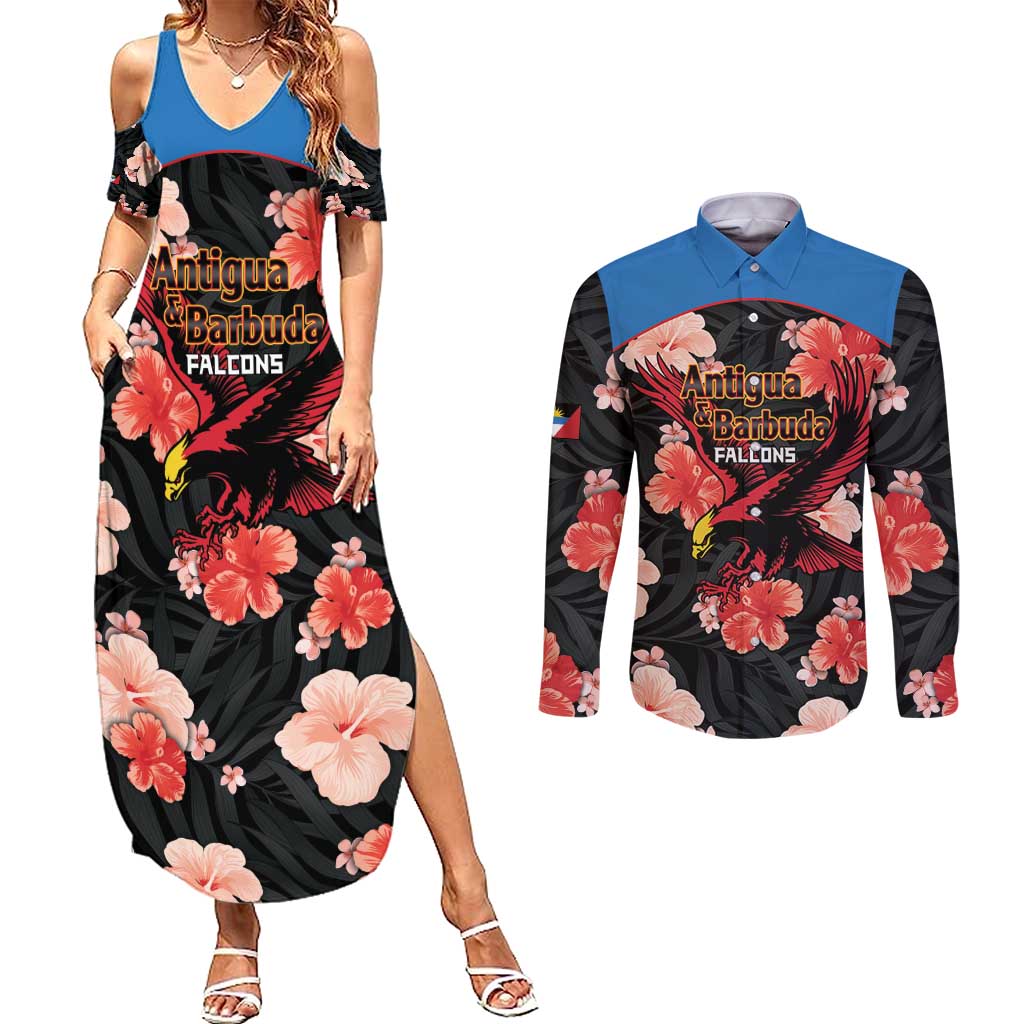 Custom Antigua and Barbuda Cricket Couples Matching Summer Maxi Dress and Long Sleeve Button Shirt 2025 Go Falcons Tropical Style - Wonder Print Shop