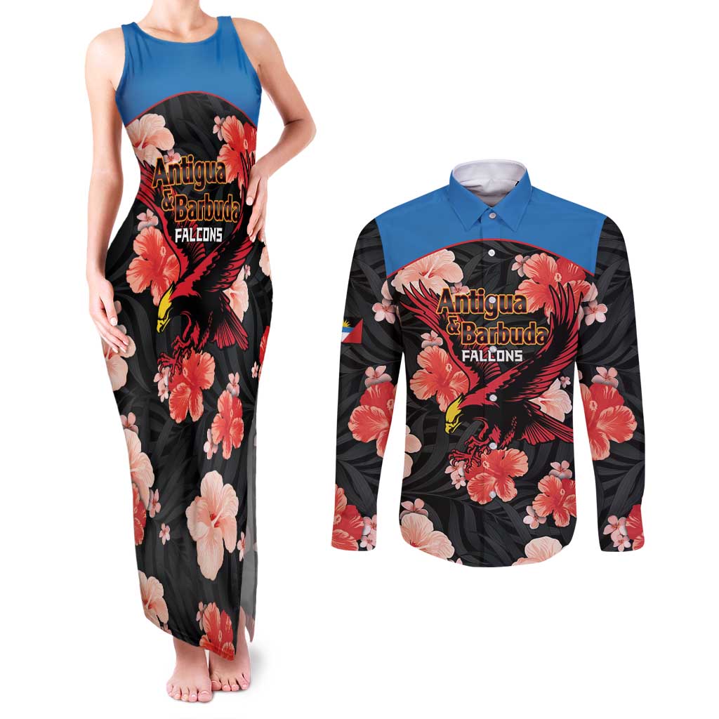 Custom Antigua and Barbuda Cricket Couples Matching Tank Maxi Dress and Long Sleeve Button Shirt 2025 Go Falcons Tropical Style - Wonder Print Shop