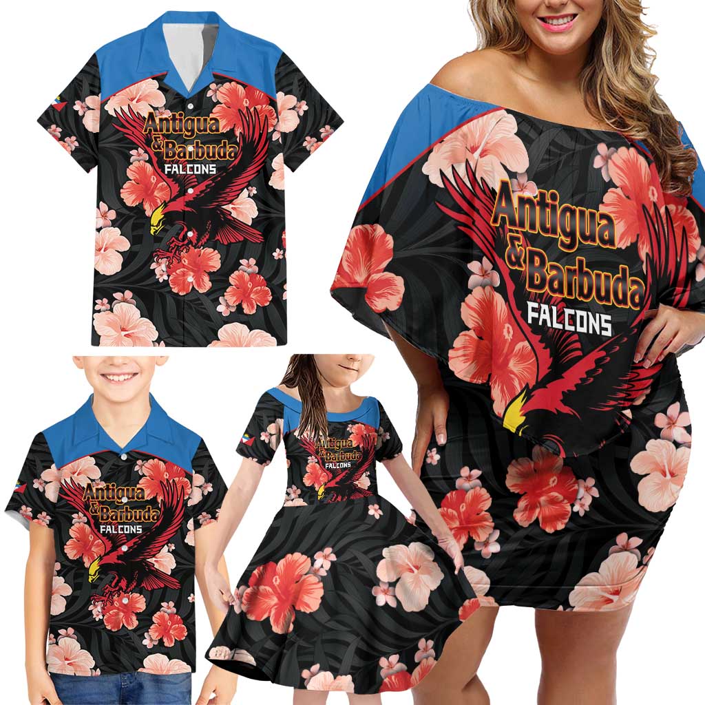 Custom Antigua and Barbuda Cricket Family Matching Off Shoulder Short Dress and Hawaiian Shirt 2025 Go Falcons Tropical Style - Wonder Print Shop