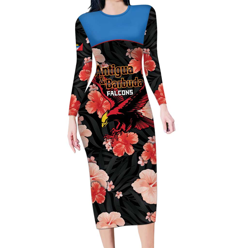 Custom Antigua and Barbuda Cricket Long Sleeve Bodycon Dress 2025 Go Falcons Tropical Style - Wonder Print Shop
