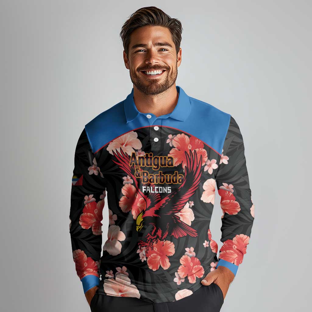 Custom Antigua and Barbuda Cricket Long Sleeve Polo Shirt 2025 Go Falcons Tropical Style - Wonder Print Shop