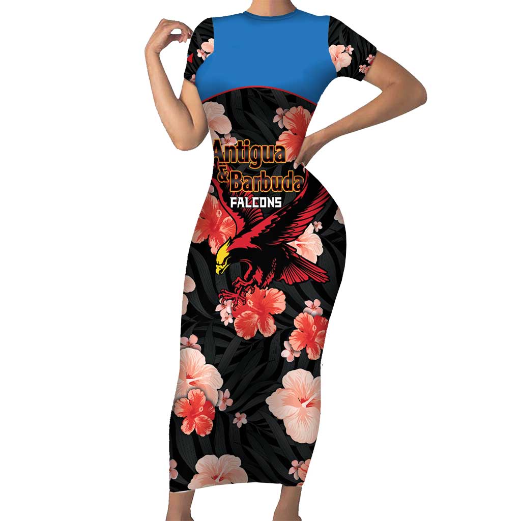 Custom Antigua and Barbuda Cricket Short Sleeve Bodycon Dress 2025 Go Falcons Tropical Style - Wonder Print Shop