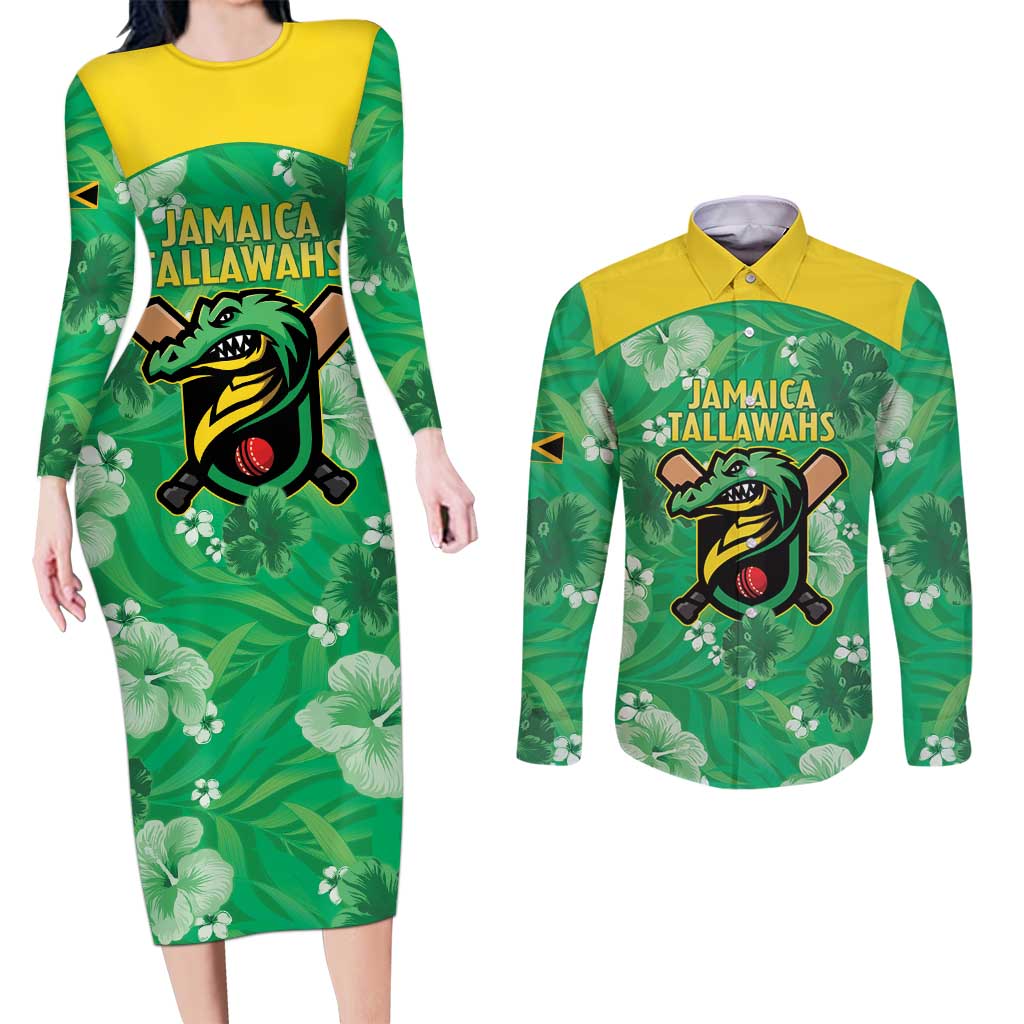Custom Jamaica Cricket Couples Matching Long Sleeve Bodycon Dress and Long Sleeve Button Shirt Fi Wi Tallawahs Tropical Style - Wonder Print Shop