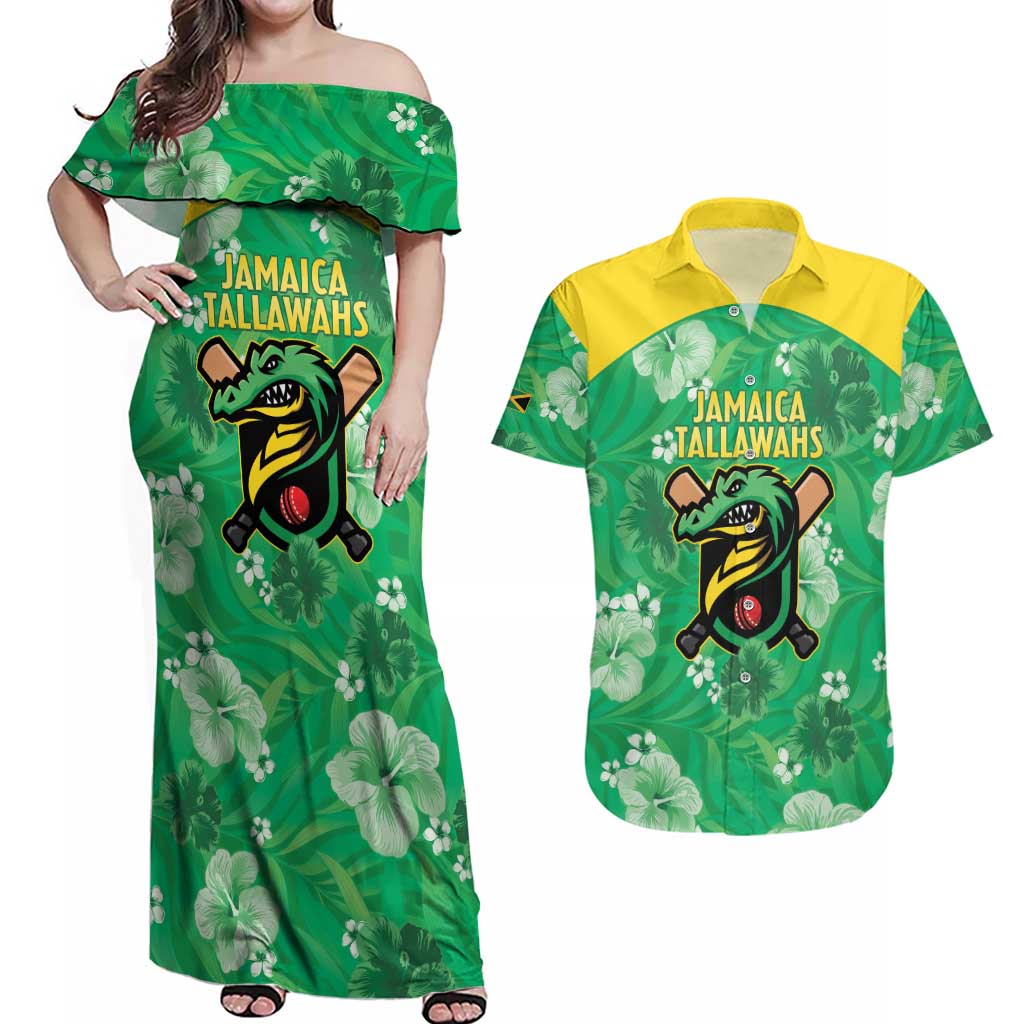 Custom Jamaica Cricket Couples Matching Off Shoulder Maxi Dress and Hawaiian Shirt Fi Wi Tallawahs Tropical Style - Wonder Print Shop
