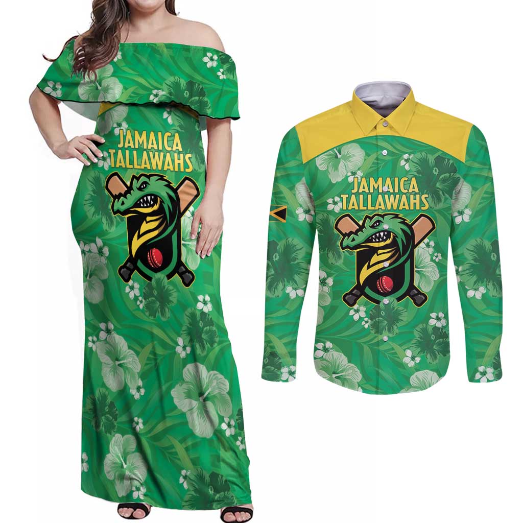Custom Jamaica Cricket Couples Matching Off Shoulder Maxi Dress and Long Sleeve Button Shirt Fi Wi Tallawahs Tropical Style - Wonder Print Shop