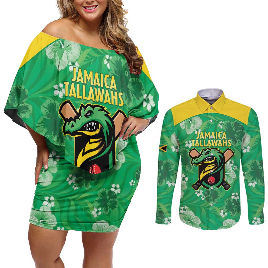 Custom Jamaica Cricket Couples Matching Off Shoulder Short Dress and Long Sleeve Button Shirt Fi Wi Tallawahs Tropical Style - Wonder Print Shop