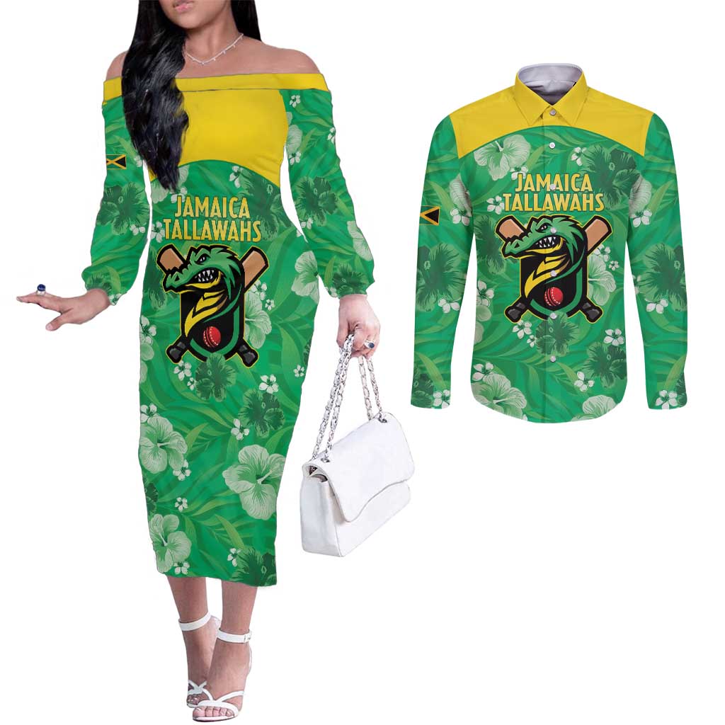 Custom Jamaica Cricket Couples Matching Off The Shoulder Long Sleeve Dress and Long Sleeve Button Shirt Fi Wi Tallawahs Tropical Style - Wonder Print Shop