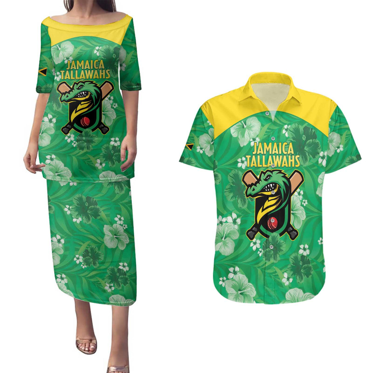 Custom Jamaica Cricket Couples Matching Puletasi and Hawaiian Shirt Fi Wi Tallawahs Tropical Style - Wonder Print Shop