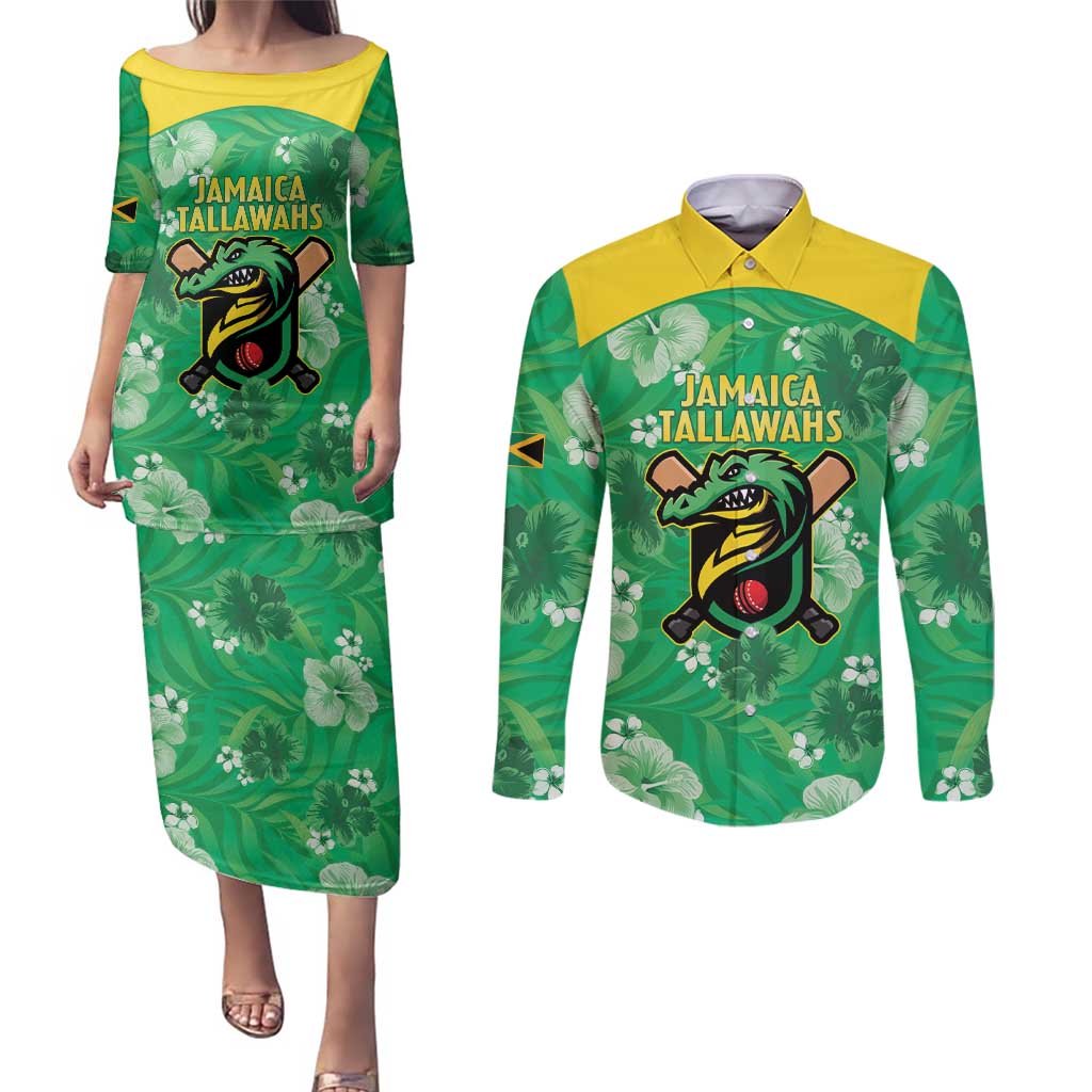 Custom Jamaica Cricket Couples Matching Puletasi and Long Sleeve Button Shirt Fi Wi Tallawahs Tropical Style - Wonder Print Shop