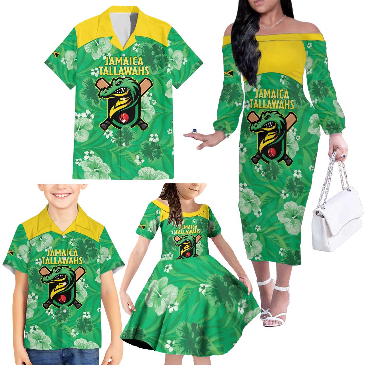 Custom Jamaica Cricket Family Matching Off The Shoulder Long Sleeve Dress and Hawaiian Shirt Fi Wi Tallawahs Tropical Style - Wonder Print Shop