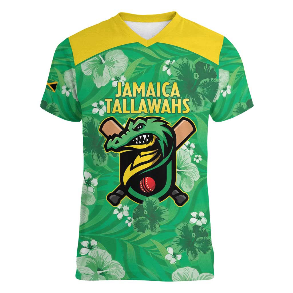 Custom Jamaica Cricket Women V-Neck T-Shirt Fi Wi Tallawahs Tropical Style - Wonder Print Shop
