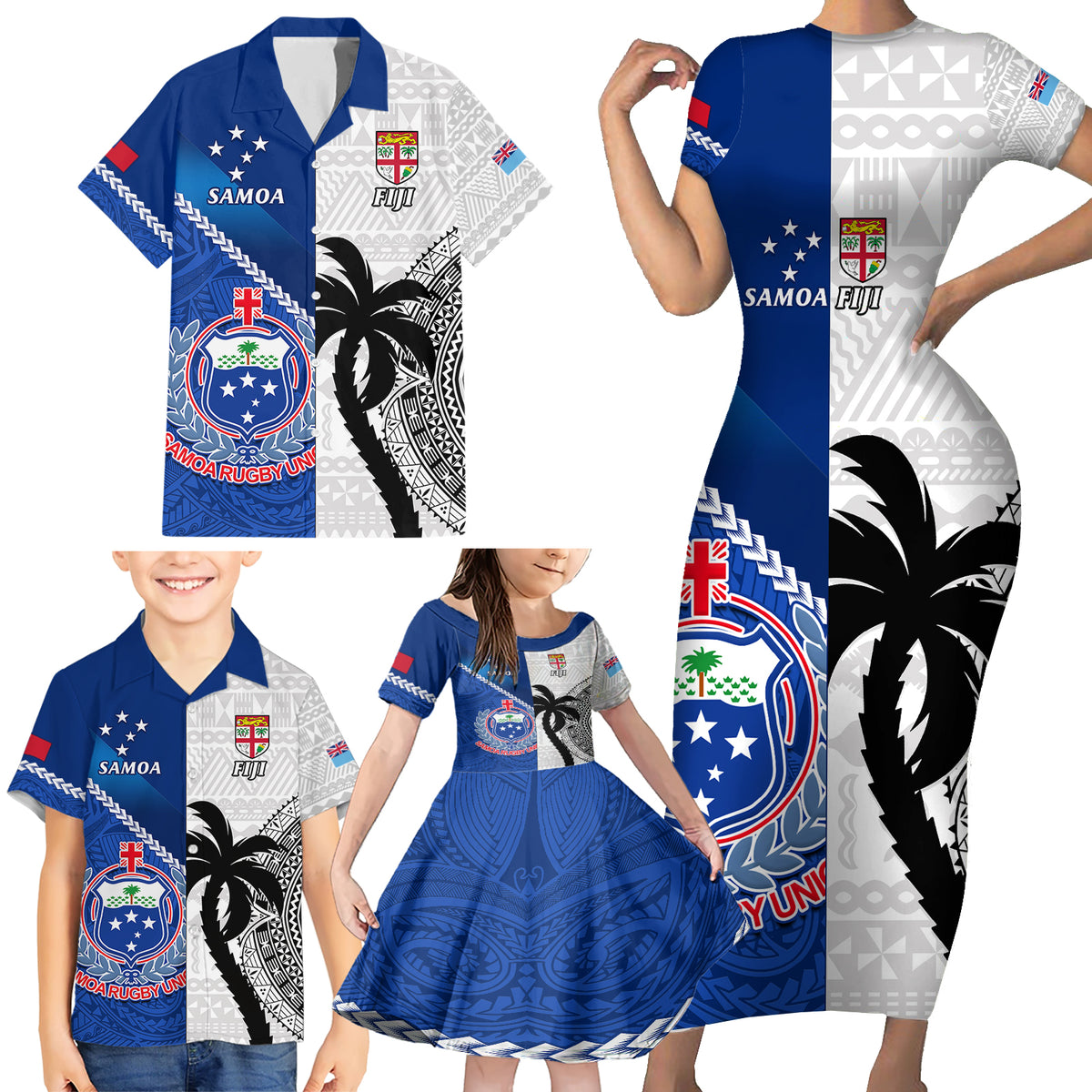 Fiji And Samoa Rugby Family Matching Short Sleeve Bodycon Dress and Hawaiian Shirt 2023 World Cup Samoan Mix Tapa Pattern - Wonder Print Shop