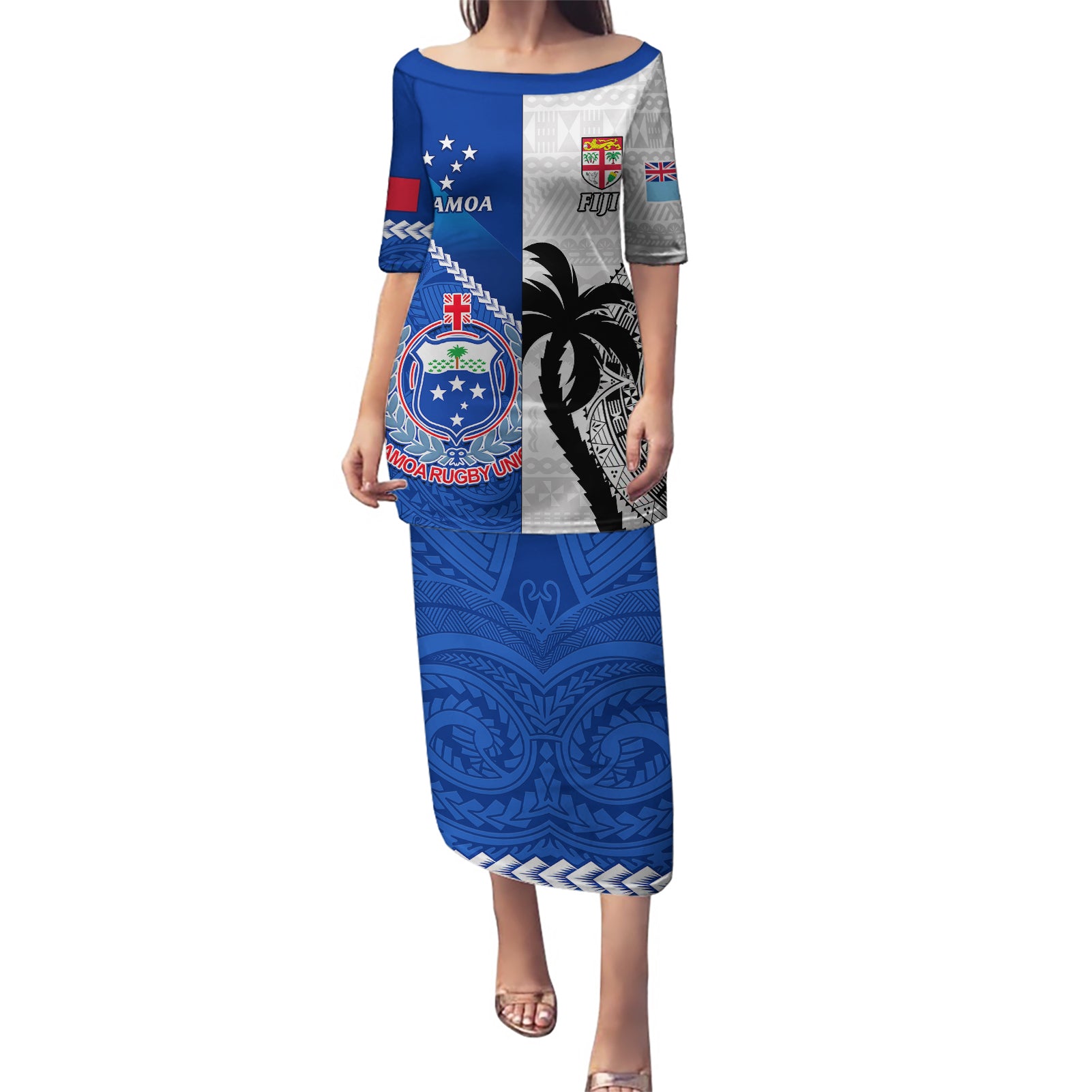 Custom Fiji And Samoa Rugby Puletasi 2023 World Cup Samoan Mix Tapa Pattern - Wonder Print Shop