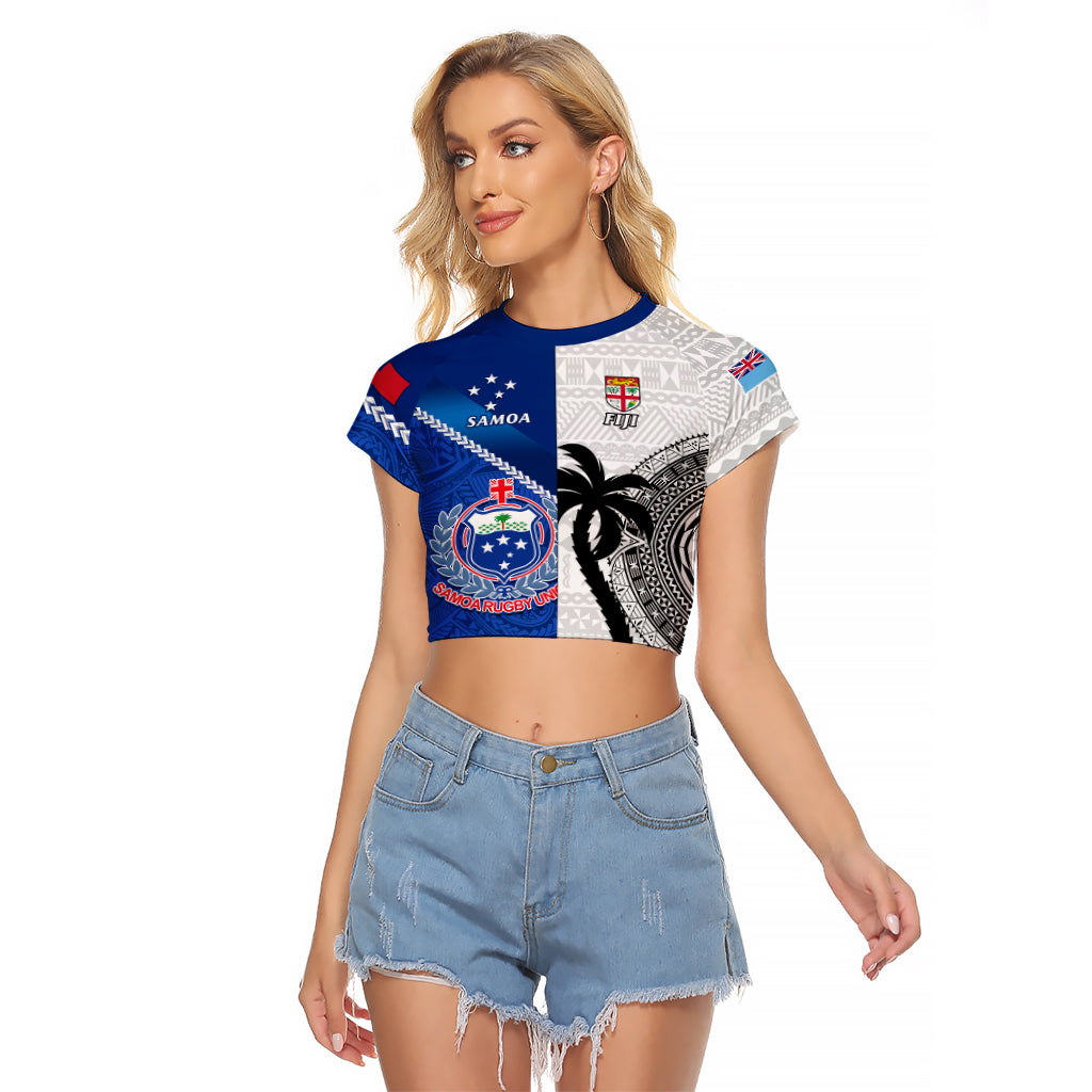 Custom Fiji And Samoa Rugby Raglan Cropped T Shirt 2023 World Cup Samoan Mix Tapa Pattern - Wonder Print Shop