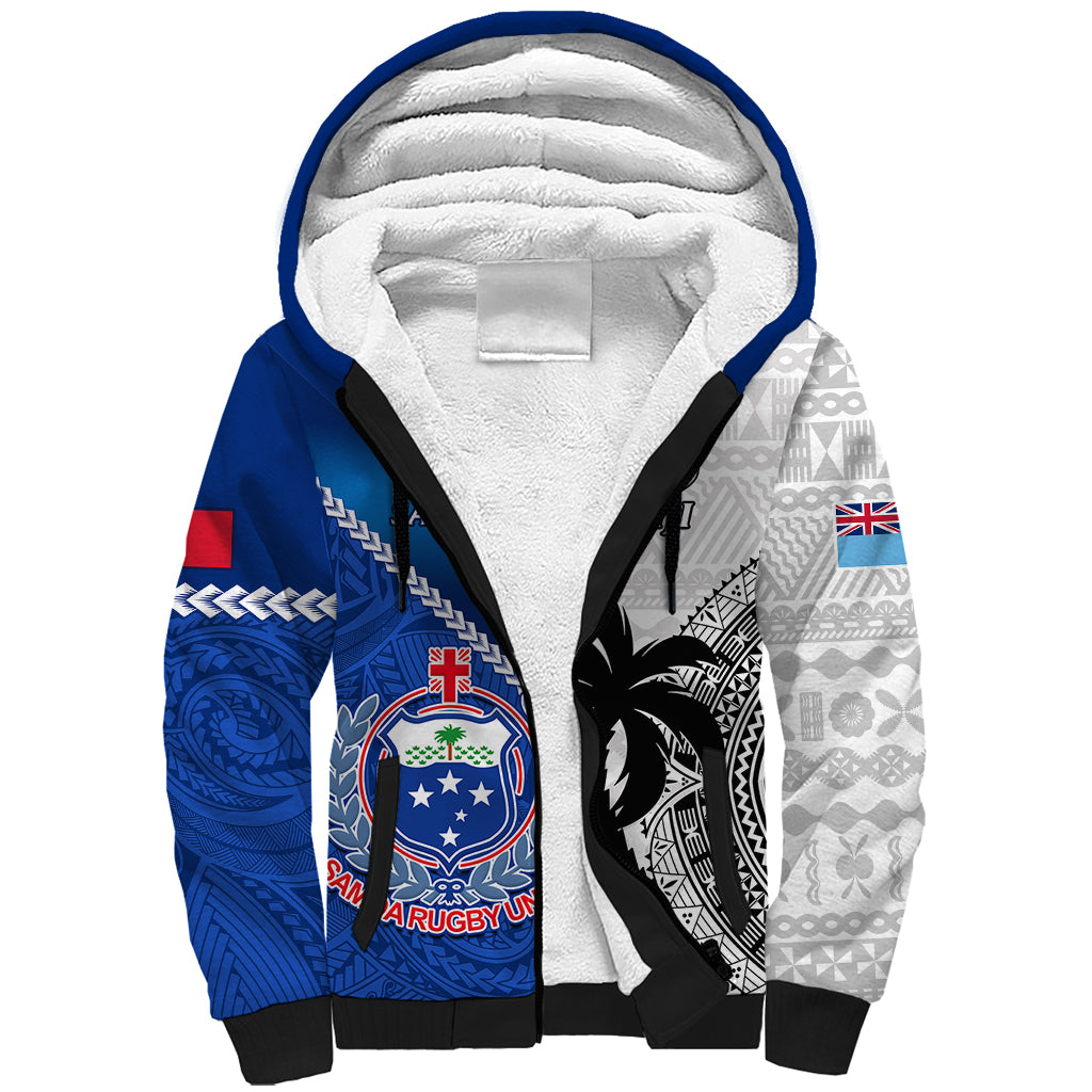 Custom Fiji And Samoa Rugby Sherpa Hoodie 2023 World Cup Samoan Mix Tapa Pattern - Wonder Print Shop