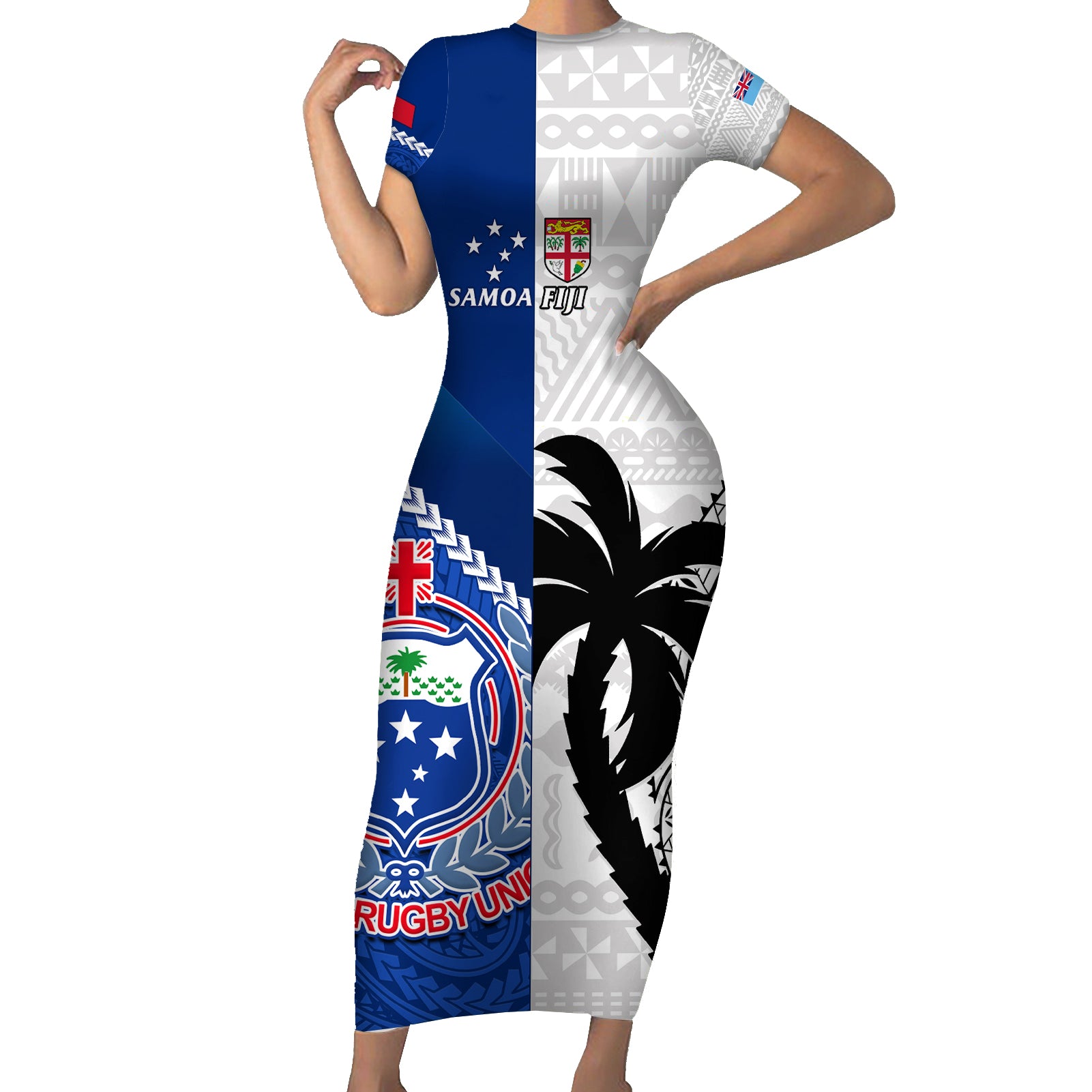 Custom Fiji And Samoa Rugby Short Sleeve Bodycon Dress 2023 World Cup Samoan Mix Tapa Pattern - Wonder Print Shop