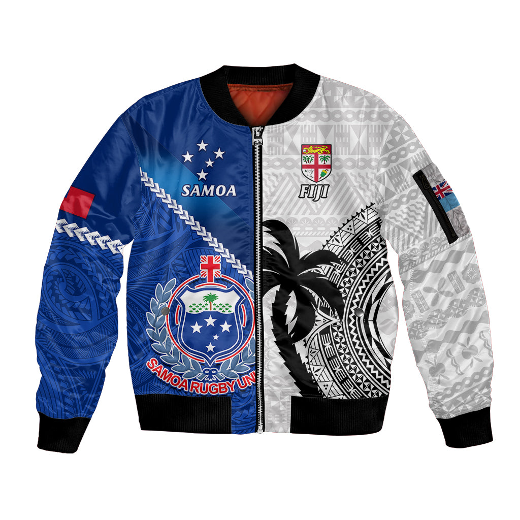 Custom Fiji And Samoa Rugby Sleeve Zip Bomber Jacket 2023 World Cup Samoan Mix Tapa Pattern - Wonder Print Shop