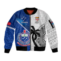 Custom Fiji And Samoa Rugby Sleeve Zip Bomber Jacket 2023 World Cup Samoan Mix Tapa Pattern - Wonder Print Shop