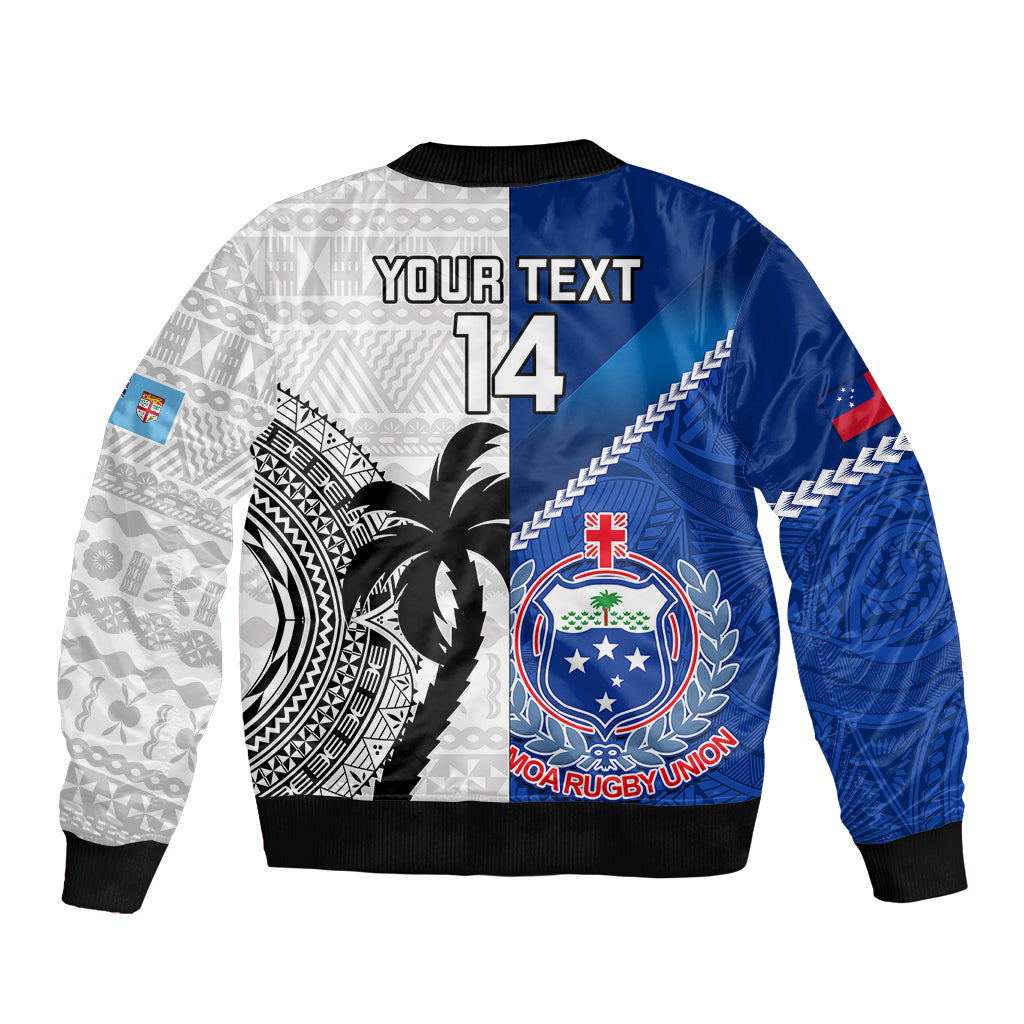 Custom Fiji And Samoa Rugby Sleeve Zip Bomber Jacket 2023 World Cup Samoan Mix Tapa Pattern - Wonder Print Shop