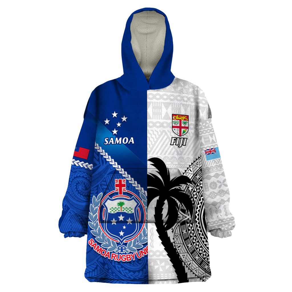 Custom Fiji And Samoa Rugby Wearable Blanket Hoodie 2023 World Cup Samoan Mix Tapa Pattern - Wonder Print Shop