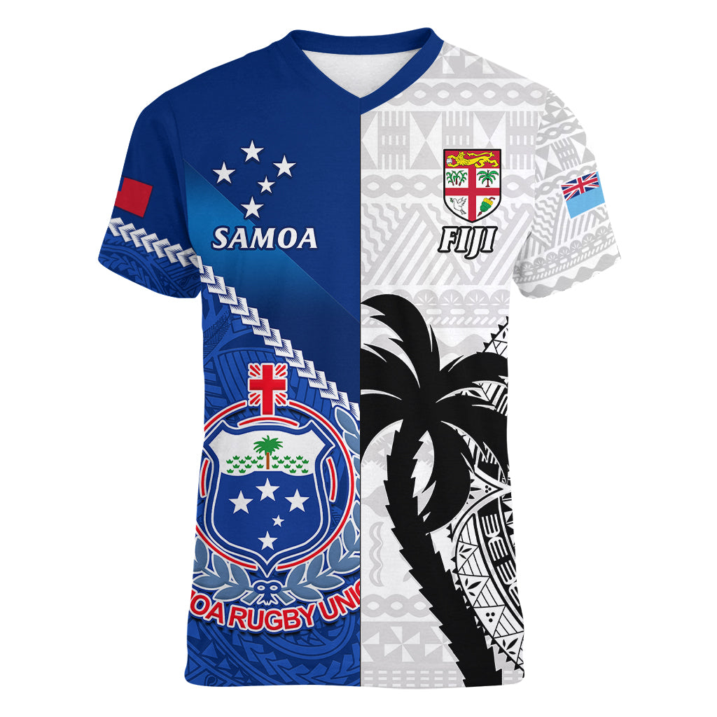 Custom Fiji And Samoa Rugby Women V Neck T Shirt 2023 World Cup Samoan Mix Tapa Pattern - Wonder Print Shop