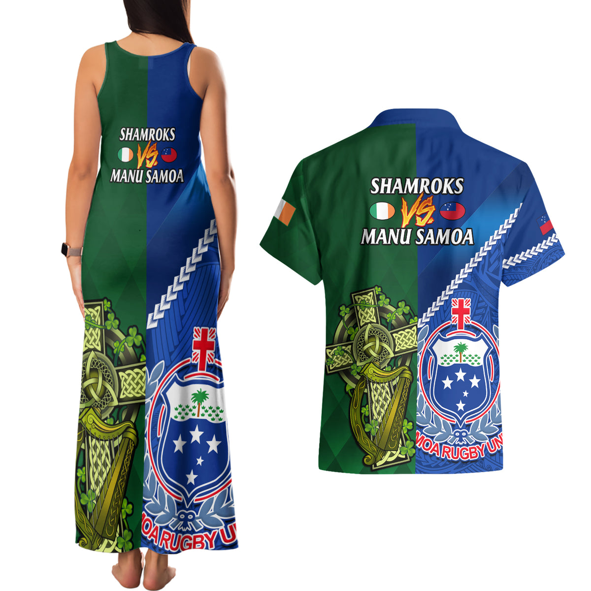 Samoa And Ireland Rugby Couples Matching Tank Maxi Dress and Hawaiian Shirt 2023 World Cup Manu Samoa With Shamrocks - Wonder Print Shop