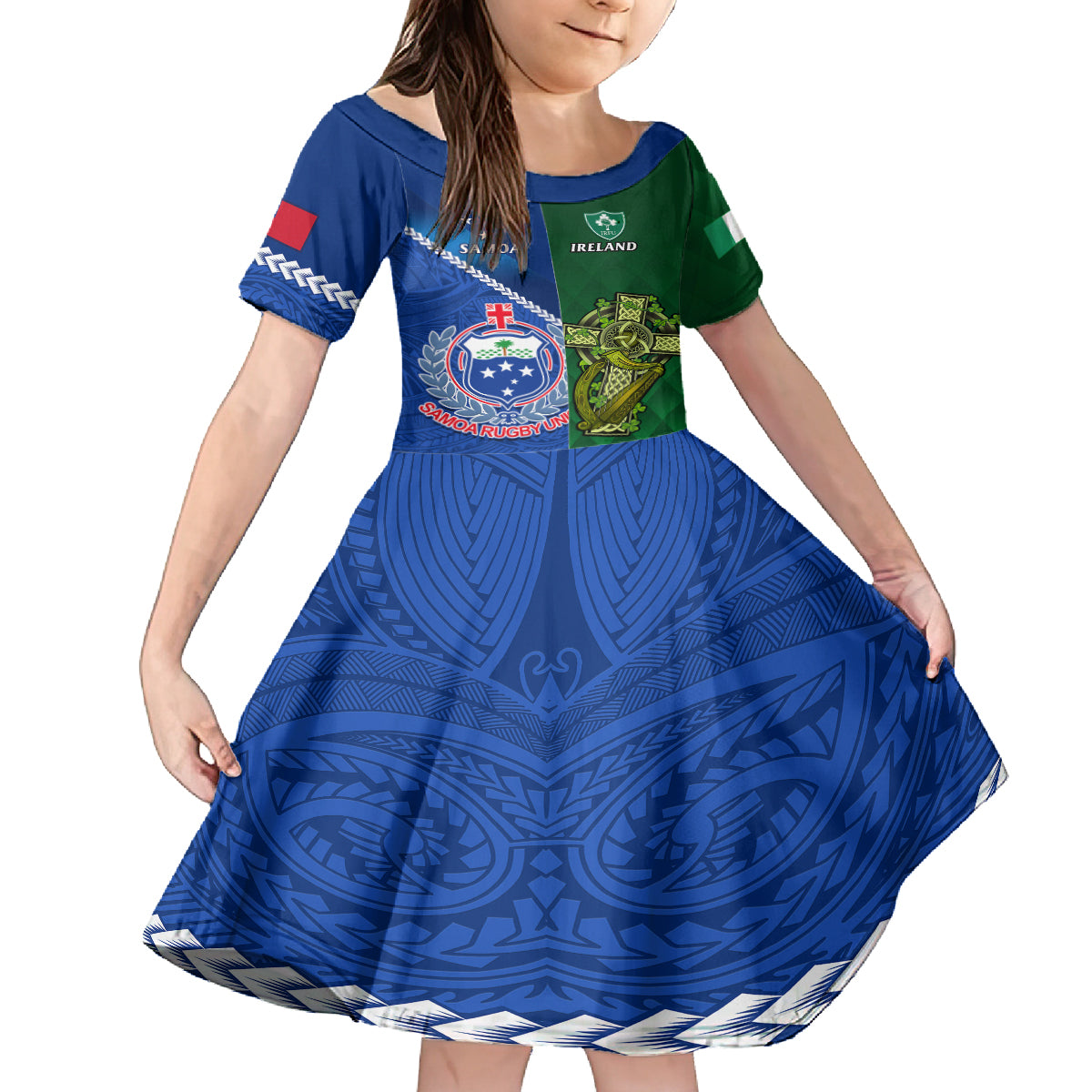 Samoa And Ireland Rugby Family Matching Long Sleeve Bodycon Dress and Hawaiian Shirt 2023 World Cup Manu Samoa With Shamrocks - Wonder Print Shop