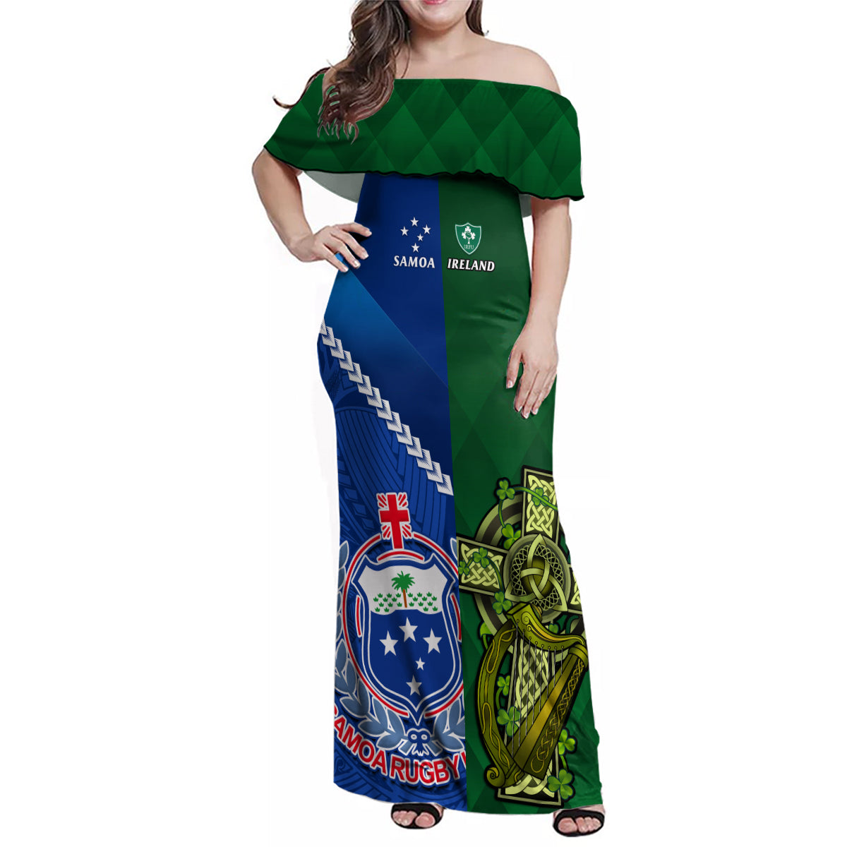 Samoa And Ireland Rugby Family Matching Off Shoulder Maxi Dress and Hawaiian Shirt 2023 World Cup Manu Samoa With Shamrocks - Wonder Print Shop