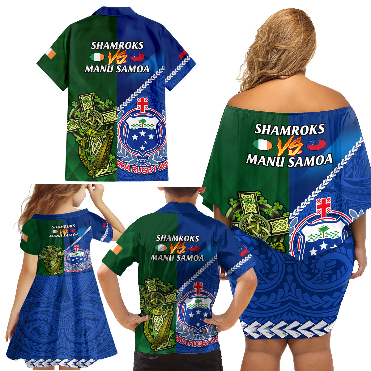 Samoa And Ireland Rugby Family Matching Off Shoulder Short Dress and Hawaiian Shirt 2023 World Cup Manu Samoa With Shamrocks - Wonder Print Shop