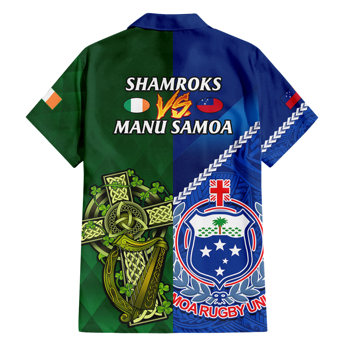 Samoa And Ireland Rugby Family Matching Off Shoulder Short Dress and Hawaiian Shirt 2023 World Cup Manu Samoa With Shamrocks - Wonder Print Shop