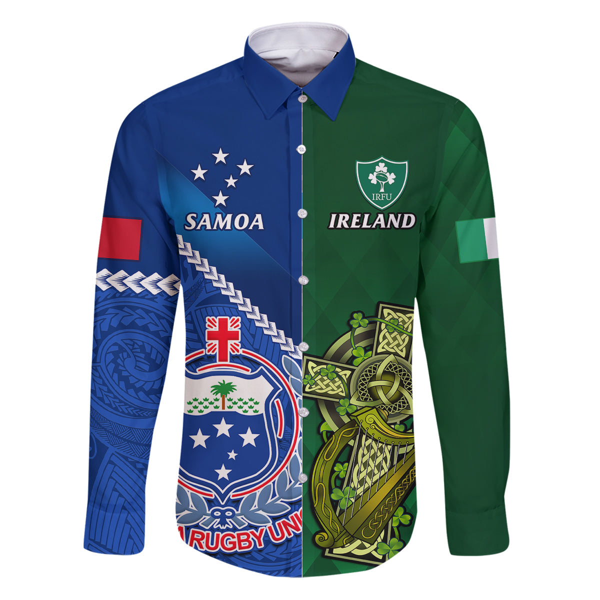 Samoa And Ireland Rugby Family Matching Puletasi Dress and Hawaiian Shirt 2023 World Cup Manu Samoa With Shamrocks - Wonder Print Shop