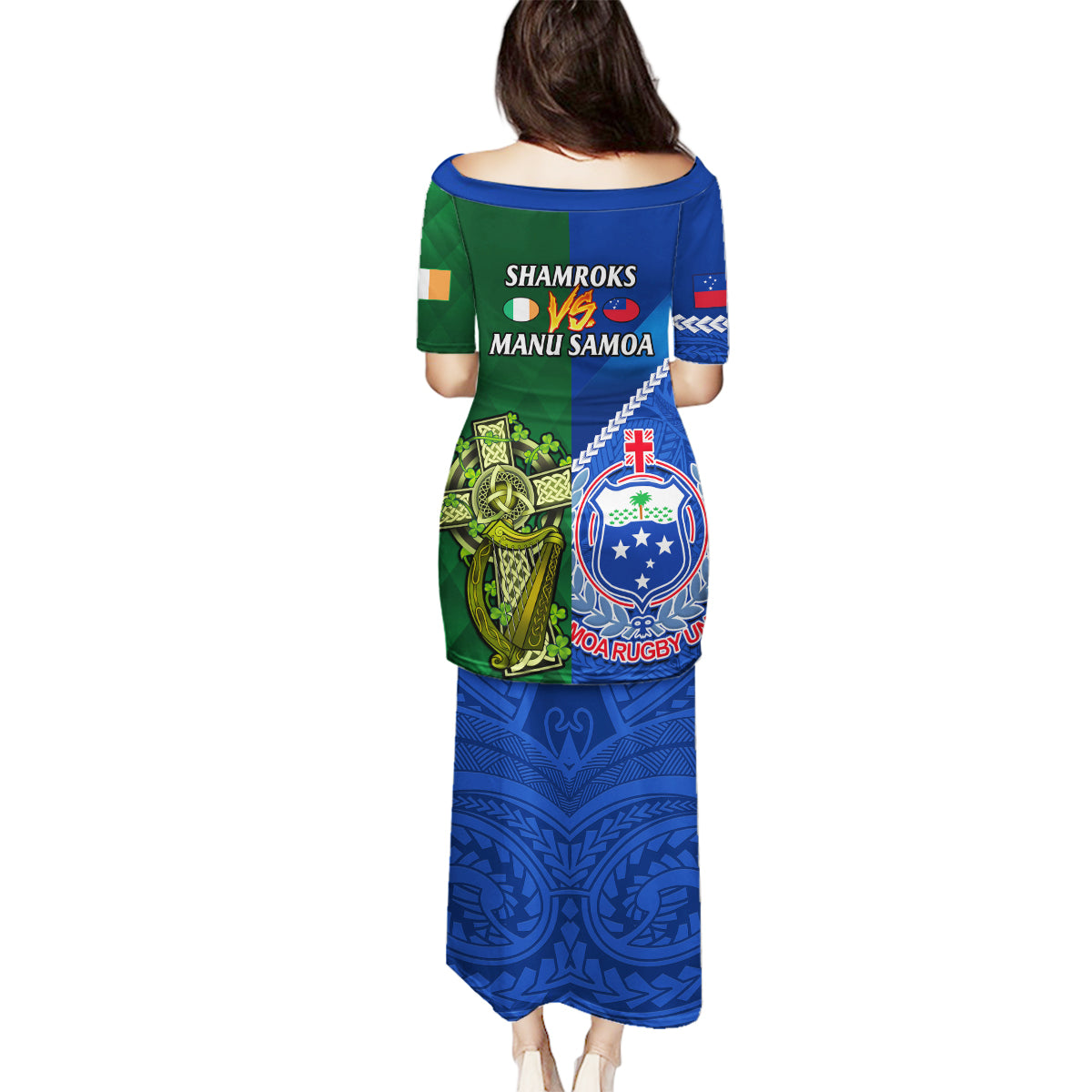 Samoa And Ireland Rugby Family Matching Puletasi Dress and Hawaiian Shirt 2023 World Cup Manu Samoa With Shamrocks - Wonder Print Shop