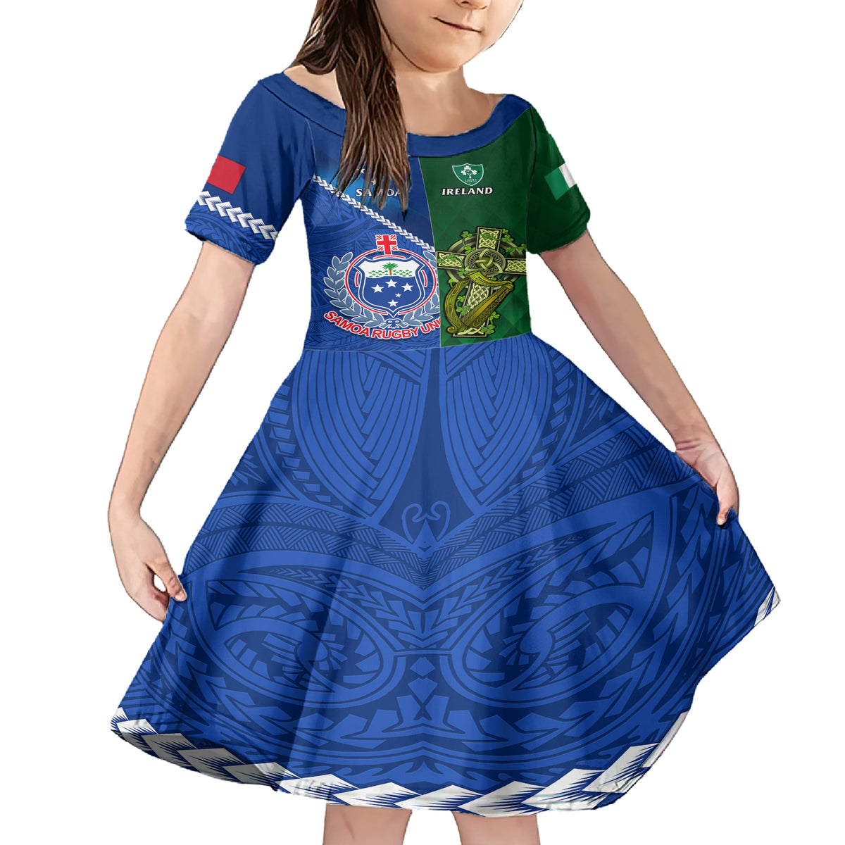 Samoa And Ireland Rugby Family Matching Short Sleeve Bodycon Dress and Hawaiian Shirt 2023 World Cup Manu Samoa With Shamrocks - Wonder Print Shop