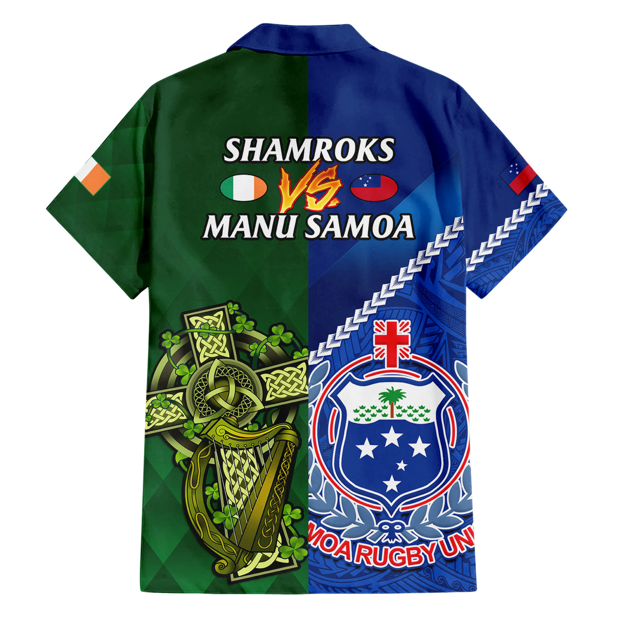 Samoa And Ireland Rugby Family Matching Short Sleeve Bodycon Dress and Hawaiian Shirt 2023 World Cup Manu Samoa With Shamrocks - Wonder Print Shop