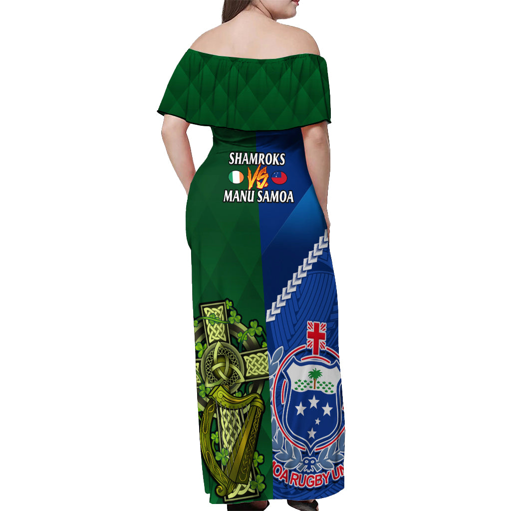 Samoa And Ireland Rugby Off Shoulder Maxi Dress 2023 World Cup Manu Samoa With Shamrocks - Wonder Print Shop
