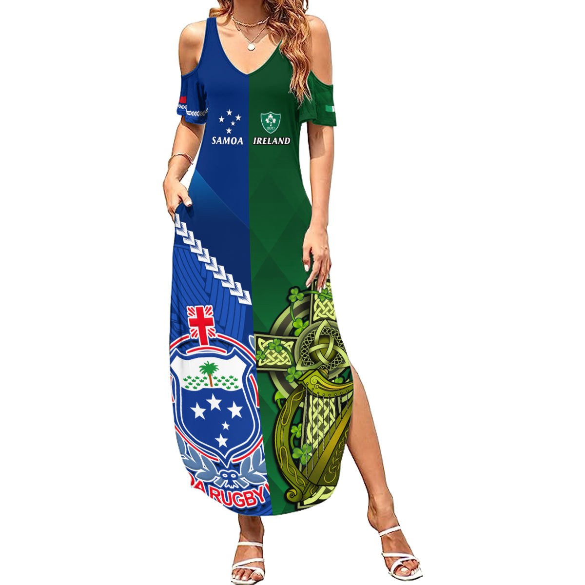 Samoa And Ireland Rugby Summer Maxi Dress 2023 World Cup Manu Samoa With Shamrocks - Wonder Print Shop