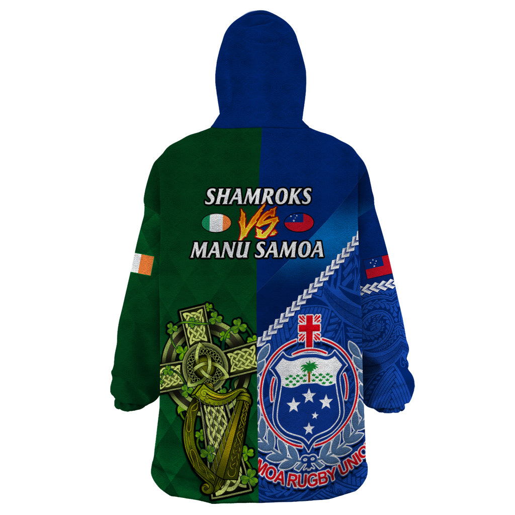 Samoa And Ireland Rugby Wearable Blanket Hoodie 2023 World Cup Manu Samoa With Shamrocks - Wonder Print Shop