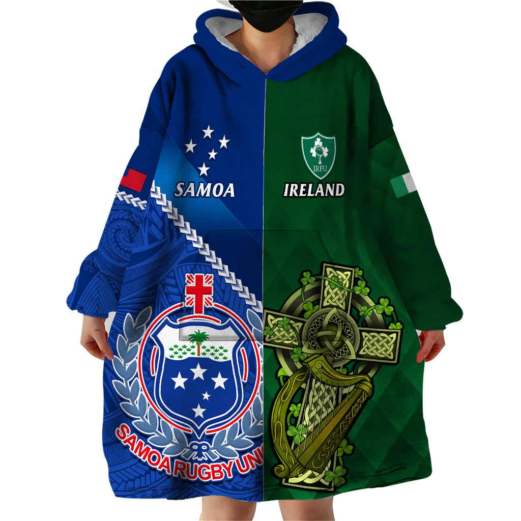 Samoa And Ireland Rugby Wearable Blanket Hoodie 2023 World Cup Manu Samoa With Shamrocks - Wonder Print Shop