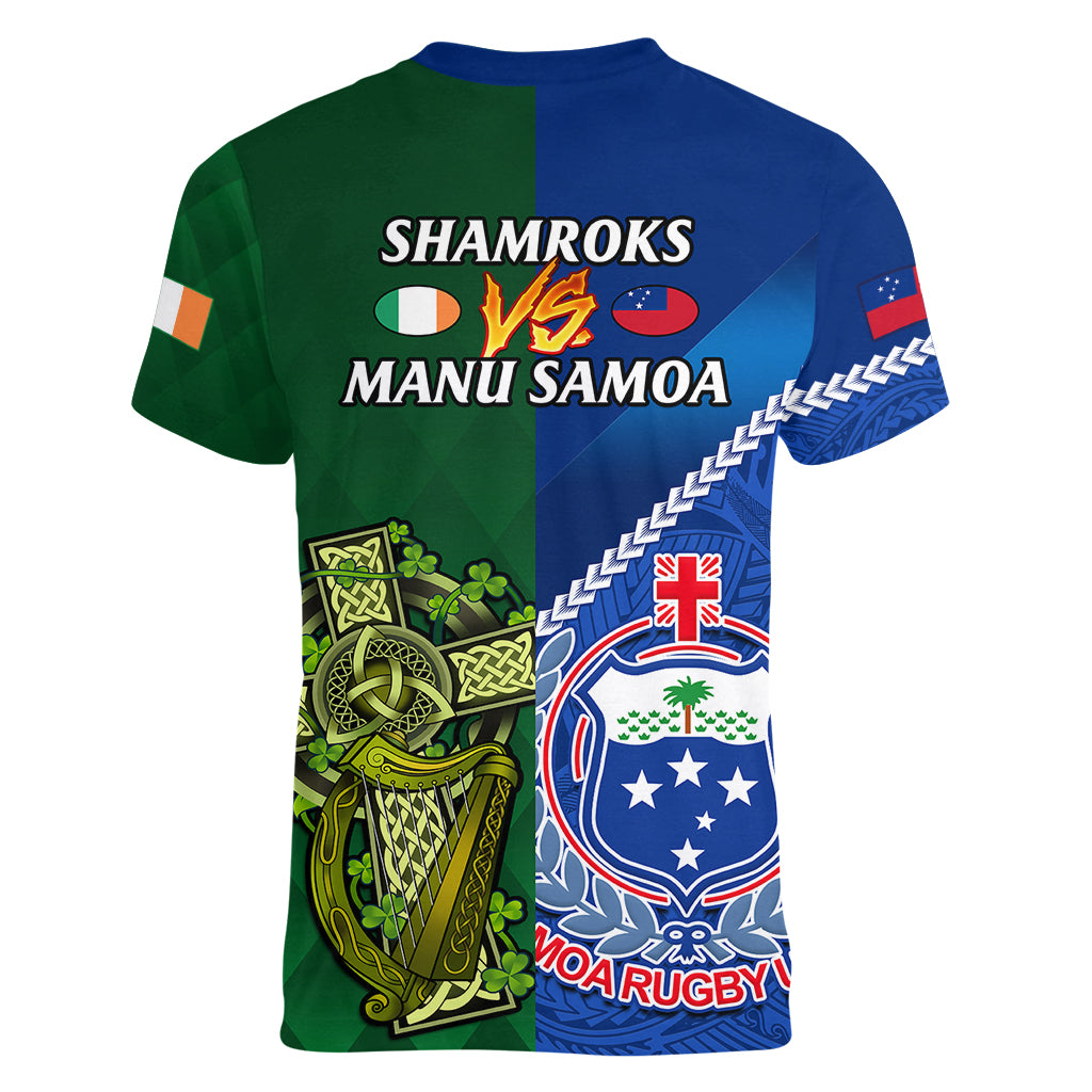 Samoa And Ireland Rugby Women V Neck T Shirt 2023 World Cup Manu Samoa With Shamrocks - Wonder Print Shop