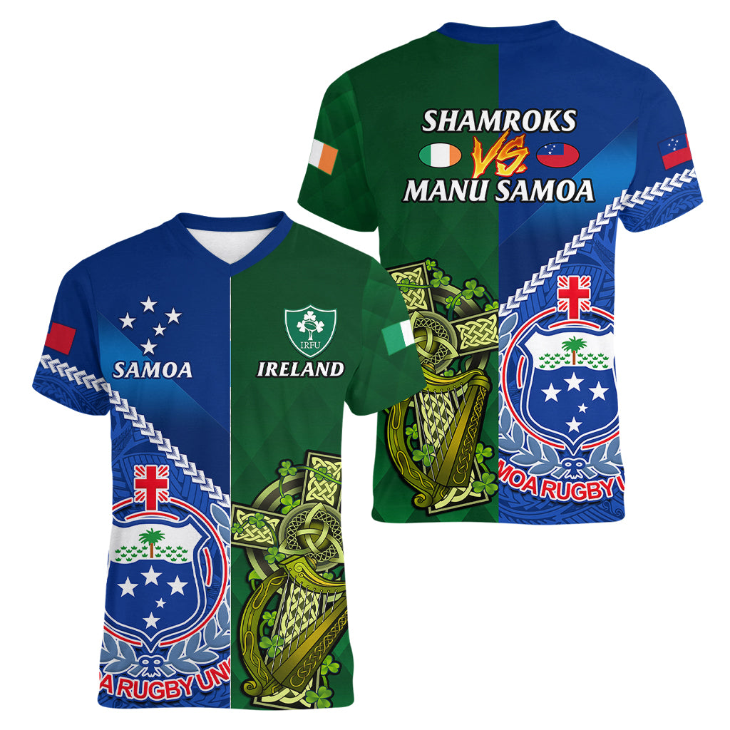 Samoa And Ireland Rugby Women V Neck T Shirt 2023 World Cup Manu Samoa With Shamrocks - Wonder Print Shop
