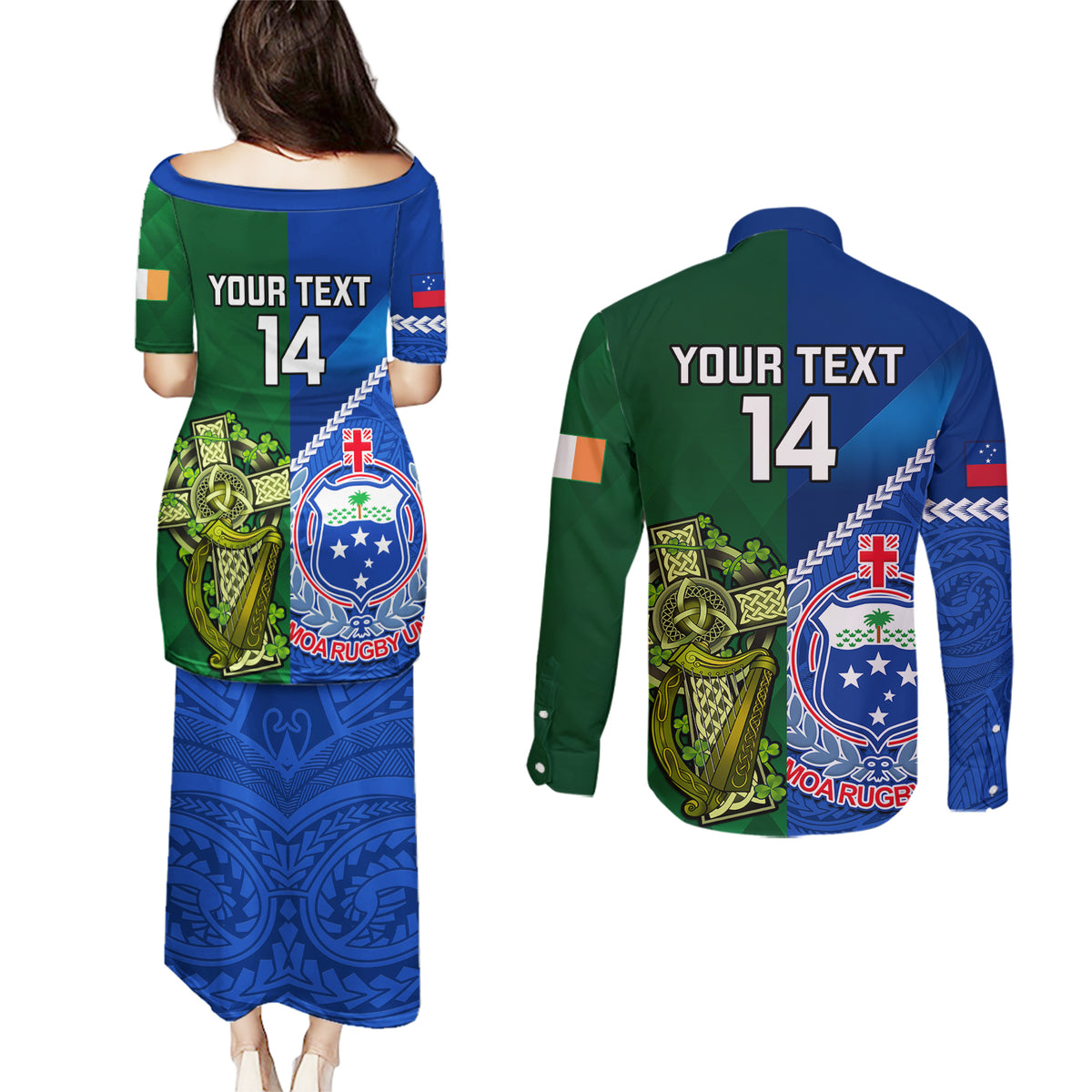 Custom Samoa And Ireland Rugby Couples Matching Puletasi Dress and Long Sleeve Button Shirts 2023 World Cup Manu Samoa With Shamrocks - Wonder Print Shop