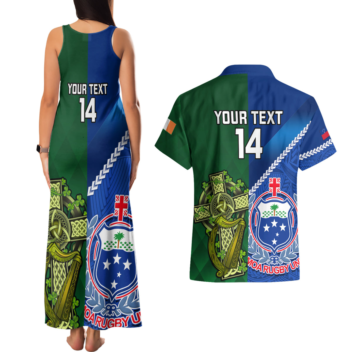 Custom Samoa And Ireland Rugby Couples Matching Tank Maxi Dress and Hawaiian Shirt 2023 World Cup Manu Samoa With Shamrocks - Wonder Print Shop