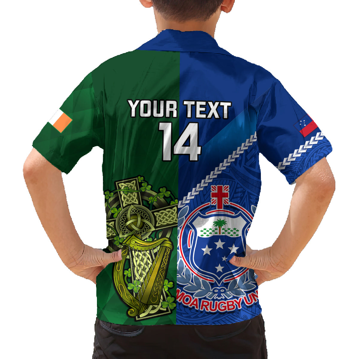 Custom Samoa And Ireland Rugby Family Matching Off Shoulder Long Sleeve Dress and Hawaiian Shirt 2023 World Cup Manu Samoa With Shamrocks - Wonder Print Shop