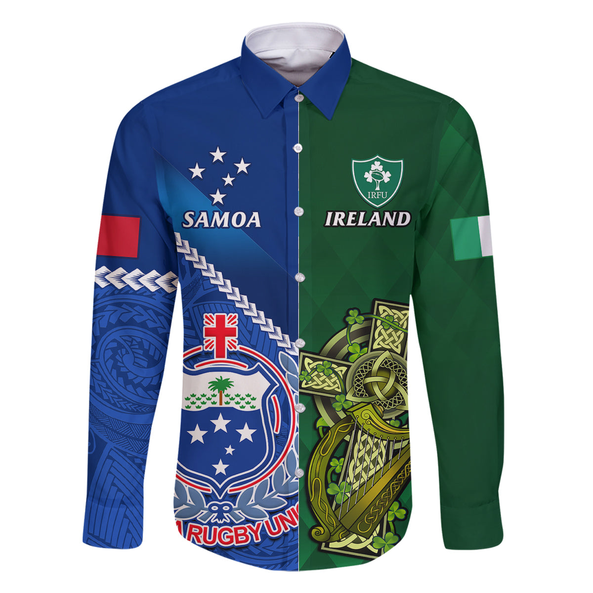 Custom Samoa And Ireland Rugby Family Matching Off Shoulder Long Sleeve Dress and Hawaiian Shirt 2023 World Cup Manu Samoa With Shamrocks - Wonder Print Shop